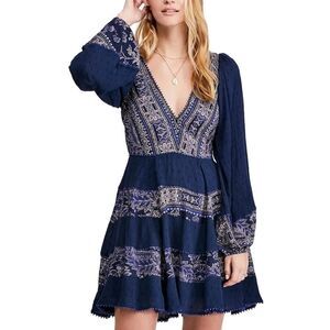 Free People My Love Mini Dress Indigo Blue Paisley Bohemian Womens Sz Small Boho